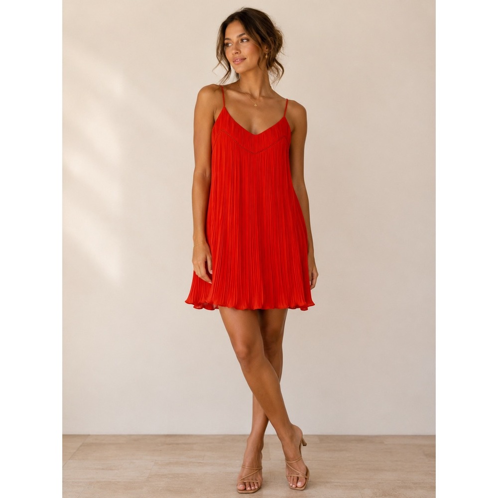Maje Rogelio Red Pleated Babydoll Mini Dress V-Neck Spaghetti Strap Size 1 S